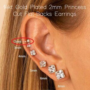 14kt Gold Plated 2mm Princess Cut Flat-Backs Earrings